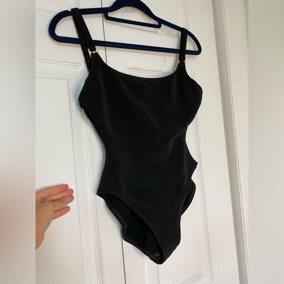 1990/80s Baja Blue Black Swimsuit with Gold Details - Picture 5 of 12